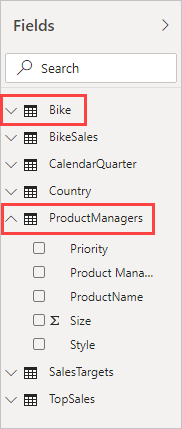 Screenshot of the Fields pane with the Bike and ProductManagers fields selected.