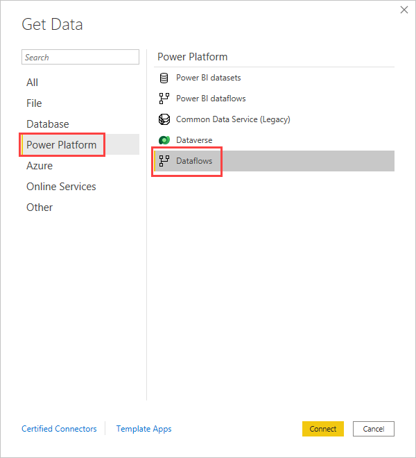 Screenshot of Dataflows selected in the Power Platform tab of the Get Data screen.