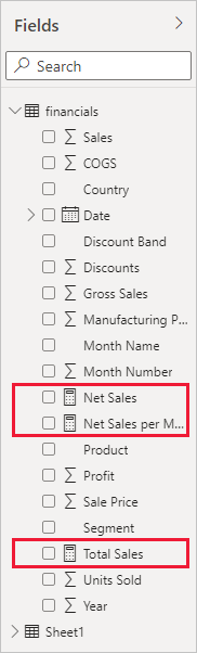 Screenshot of Measure fields in the Fields pane.