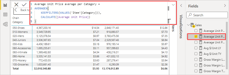 Screenshot of a quick measure formula in the formula bar.