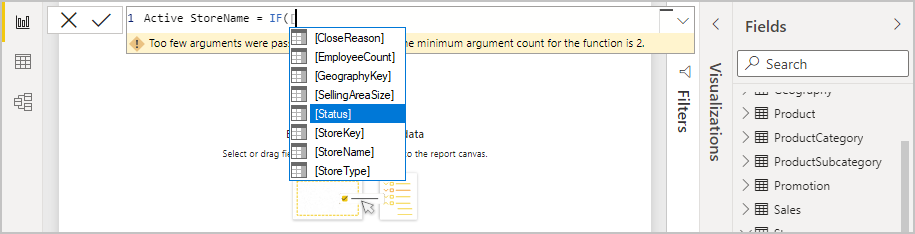 Screenshot of Status selected for the IF function in the formula bar.