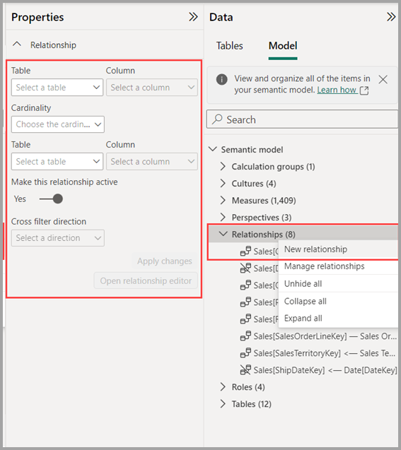 Screenshot of creating relationships in Model explorer.