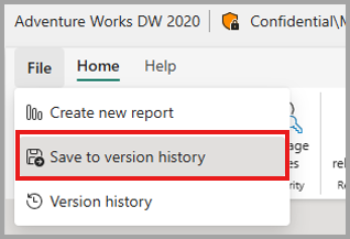 Screenshot showing how to manually save version history from the File menu.