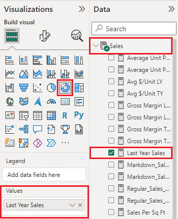 Screenshot that shows the Visualization pane with a doughnut chart selected.