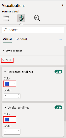 Screenshot that shows table grid options in the Format section of the Visualizations pane.