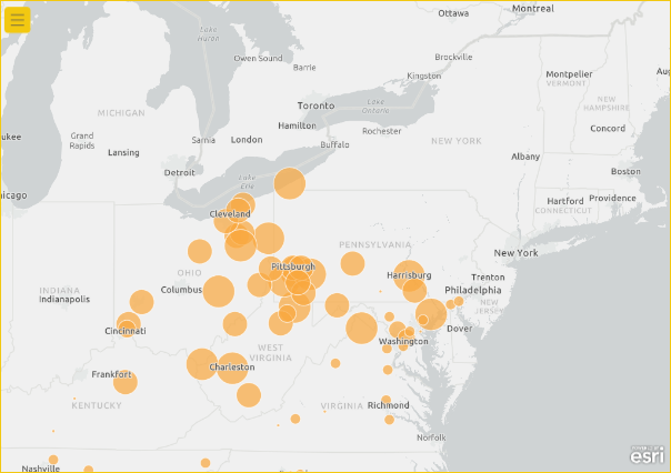 Screenshot shows a map with sales information displayed as size.