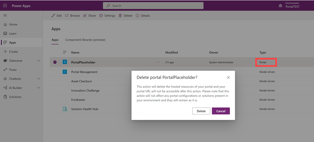 Delete portal app.