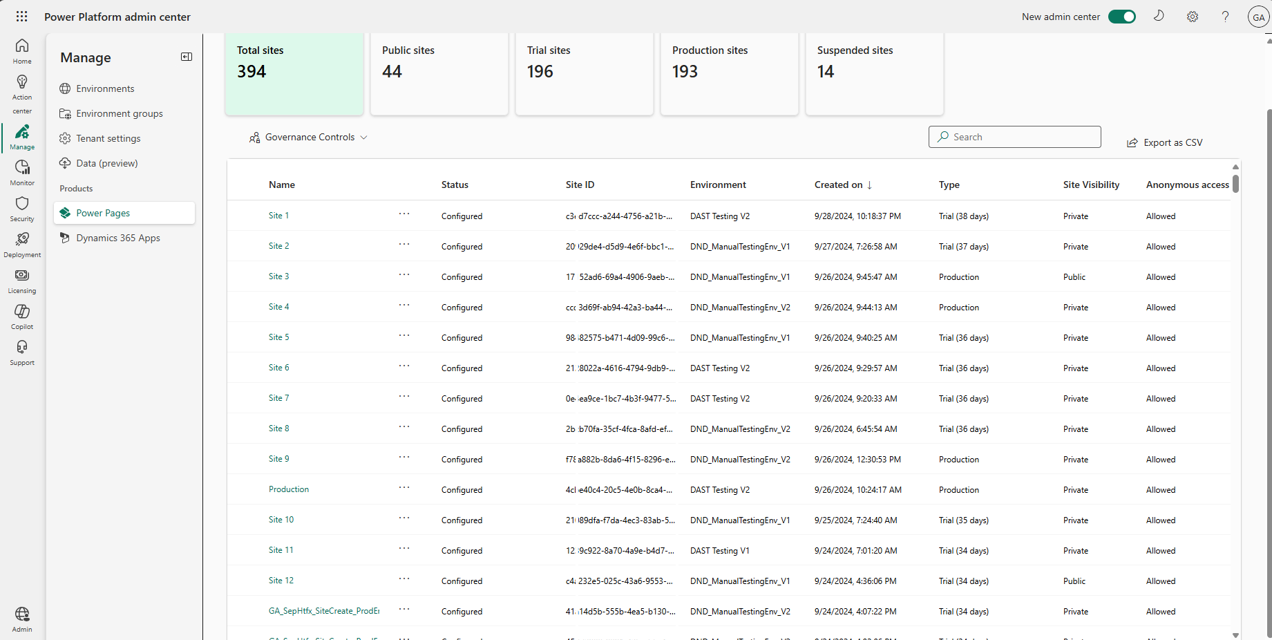 Screenshot of the sites inventory view in the Manage page in the new Power Platform admin center.