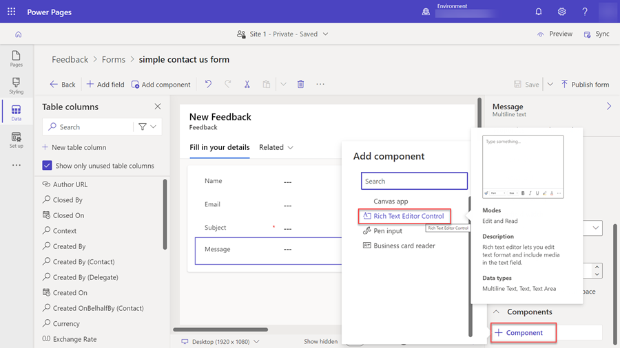 Add RTE component to form.