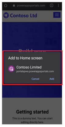 Adding the PWA to the home page on a mobile device.
