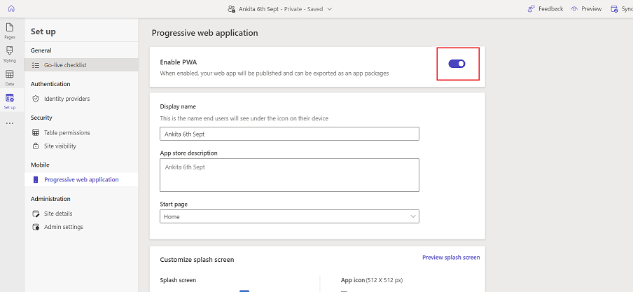 Enable progressive web app from Set up workspace.