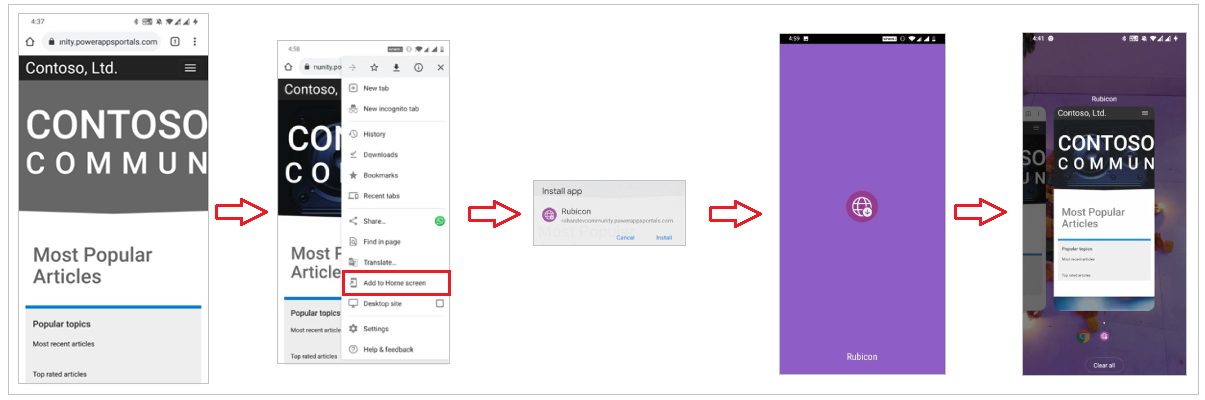 A sequence of images, the first image shows a portal open in a browser on a mobile device. The next image shows the menu command Add to Home screen. In the next image, the user is prompted to install the app. The last image shows the app with its custom background and branding, operating as a native mobile app.