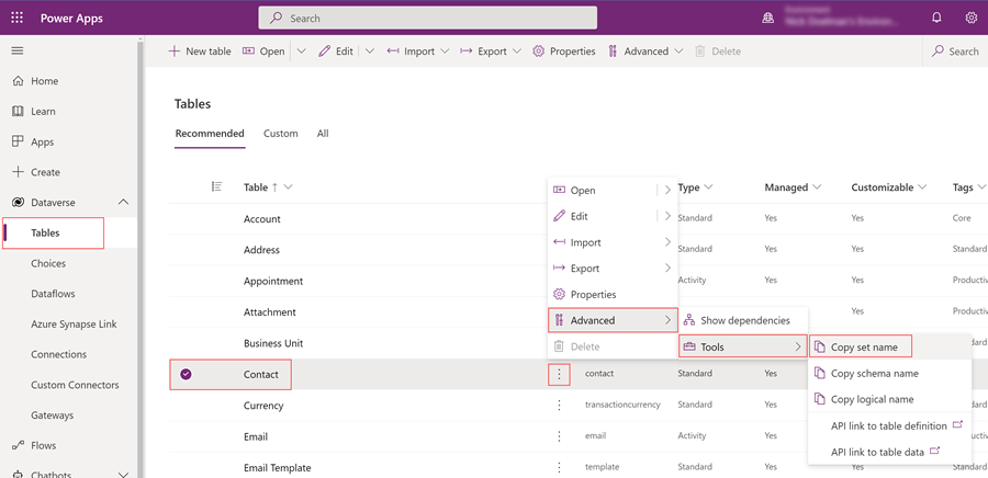 How to locate EntitySetName of a Dataverse table.