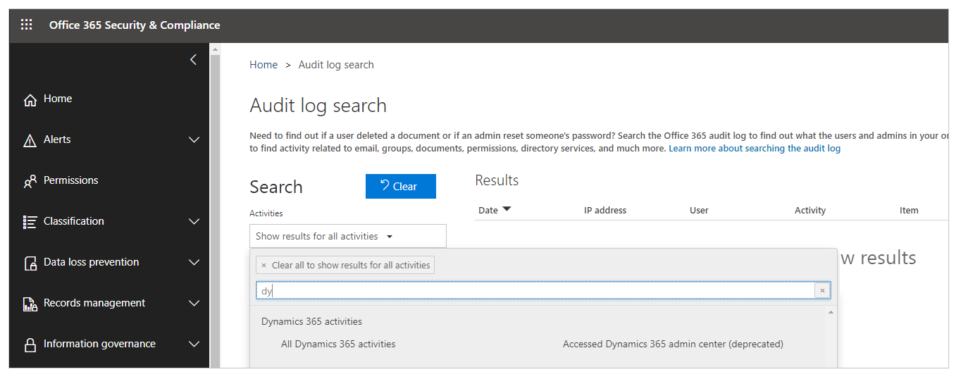 Screenshot of the Office 365 audit log.