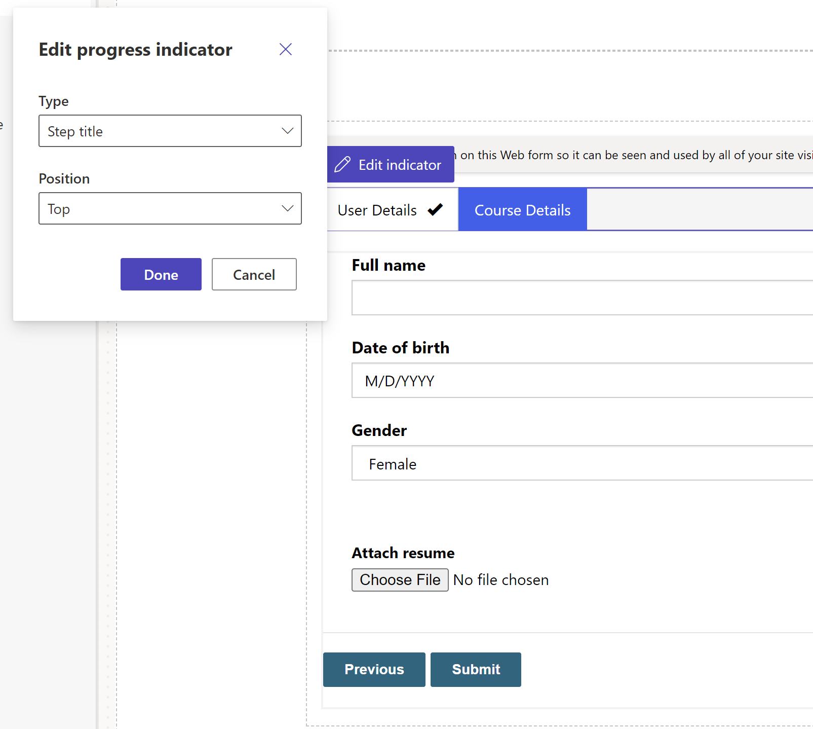 Screenshot of the Edit progress indicator window inside the maker studio.