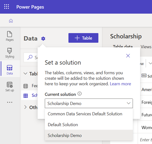 The set a solution view allows makers to choose a solution from a dropdown menu of options.