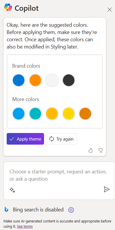 A screenshot of Copilot in design studio with an AI-generated theme displayed.