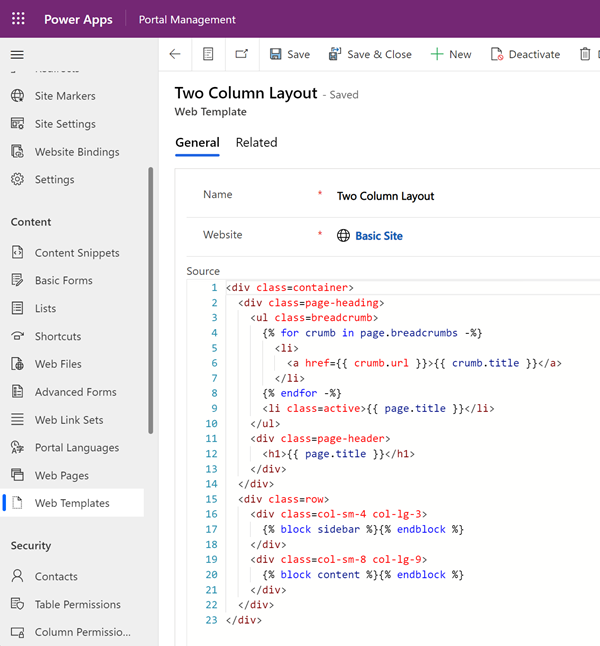 Custom web template for the two column layout.