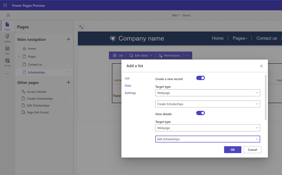 Configure list for adding records.