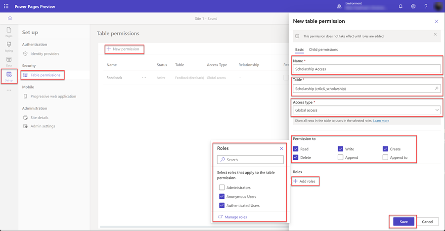 Create table permissions.