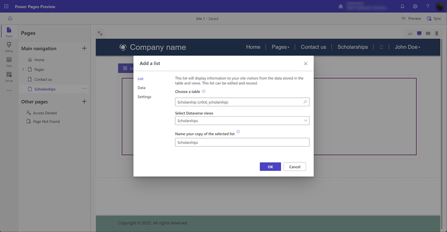 Configure the list properties.