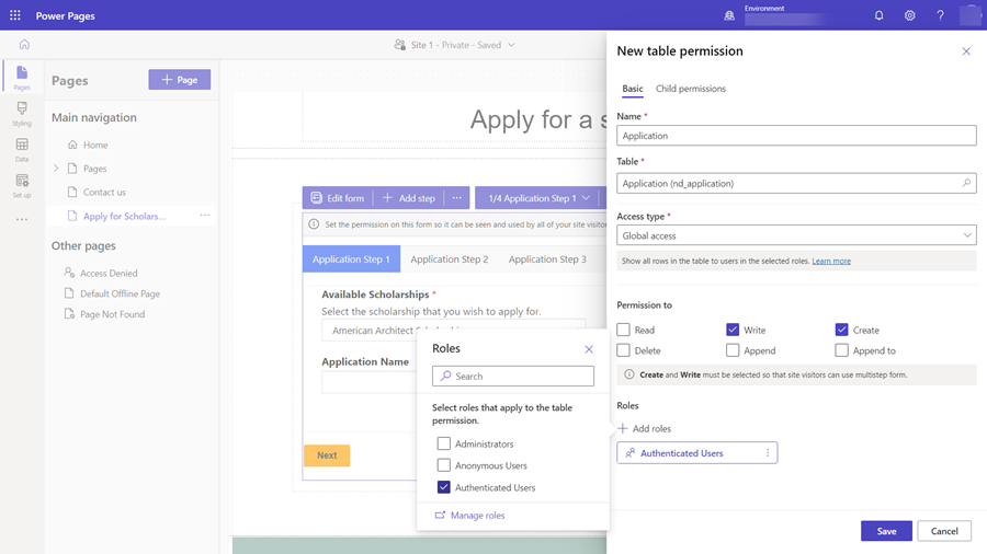 Adding table permissions to the application table.