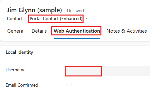 Screenshot of a contact record in the Portal Management app, with the username box on the Web Authentication tab highlighted.