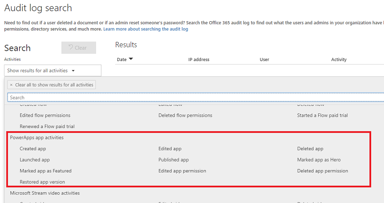Audit log search Power Apps.