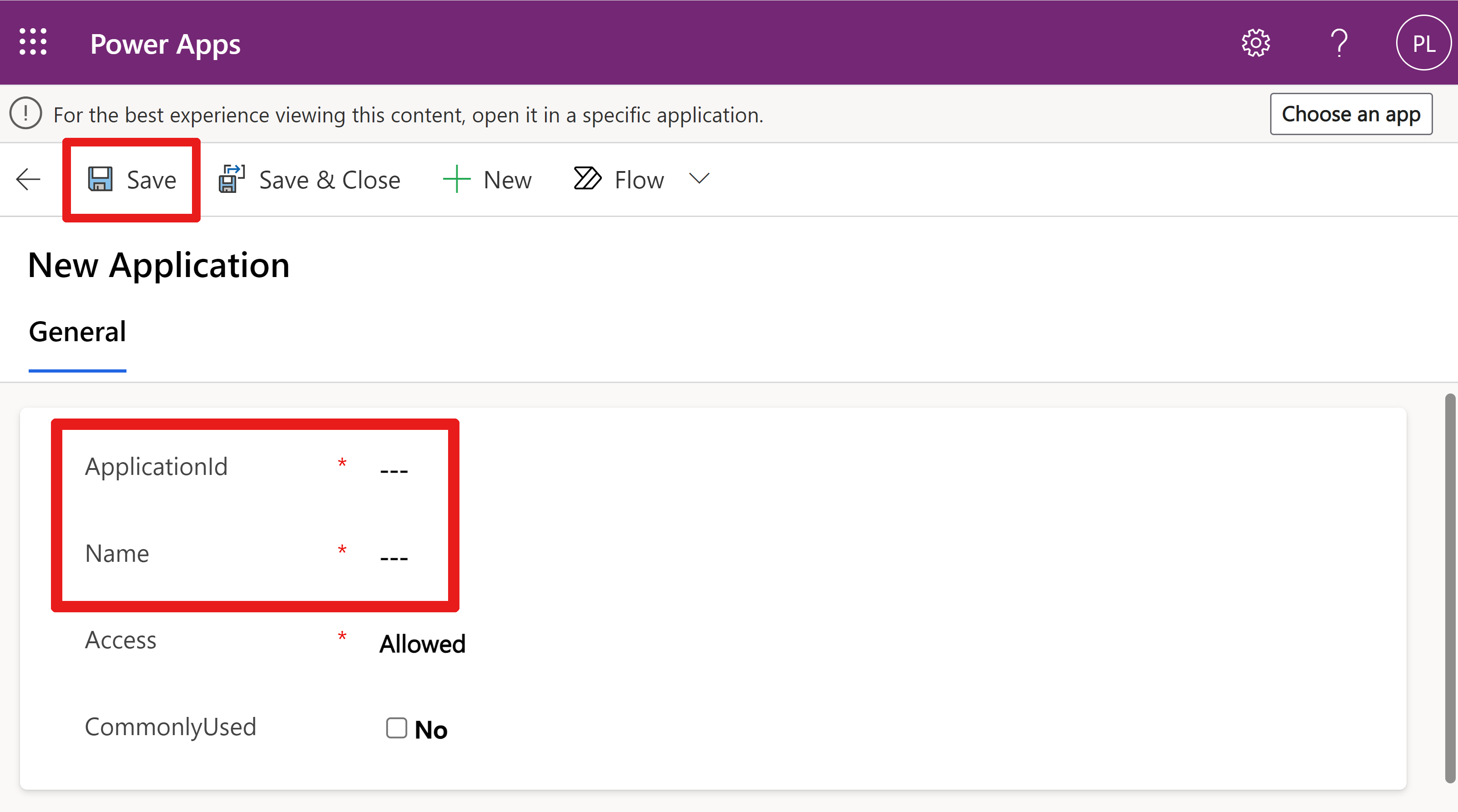 Screenshot showing the location of the ApplicationId and Name fields. The image also shows where the Save button is located.