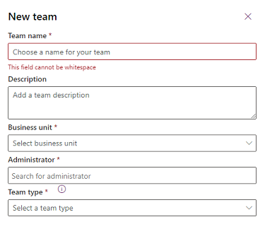 Screenshot of settings for a new Dataverse team.