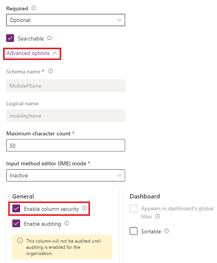 Screenshot showing how to expand Advanced options and turn on column security.