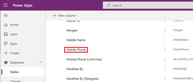 Screenshot showing how to select the Mobile Phone column.