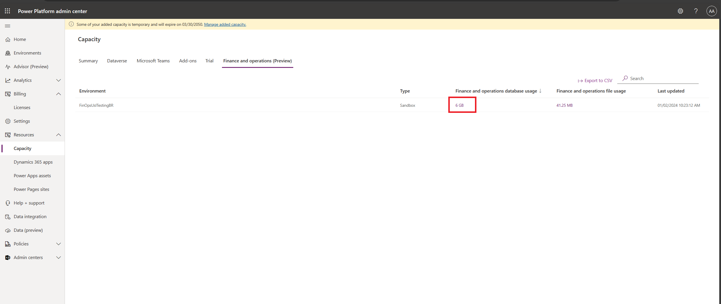 Screenshot of the tab showing storage consumption for each finance and operations environment.