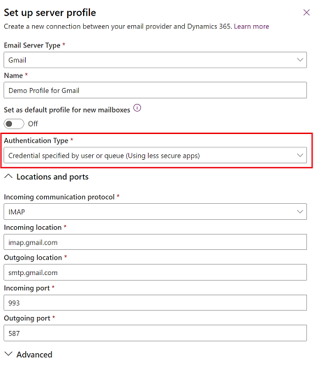 Screenshot showing create a new server profile for Gmail using credential specified by user or queue.