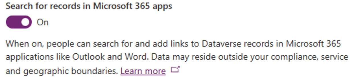 A screenshot of the option to enable searching records in Microsoft 365 apps.