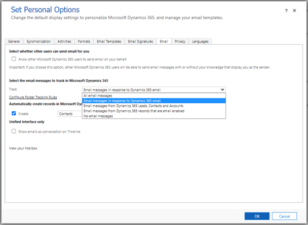Screenshot of Personal Options for tracking email