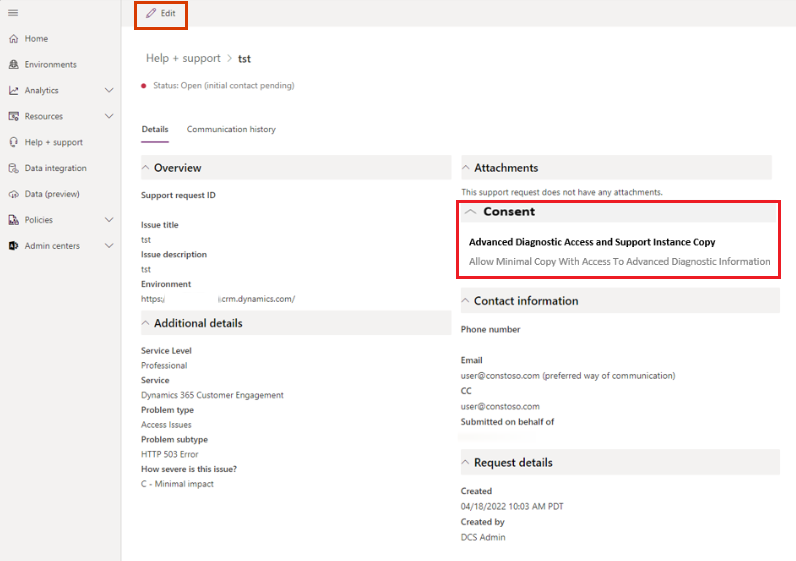 Screenshot of a support request with consent information highlighted.
