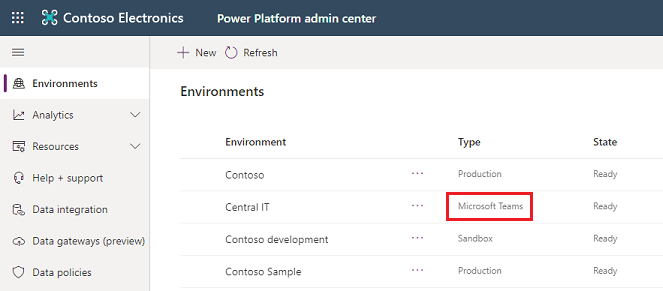 A Dataverse for Teams environment in the environment list.