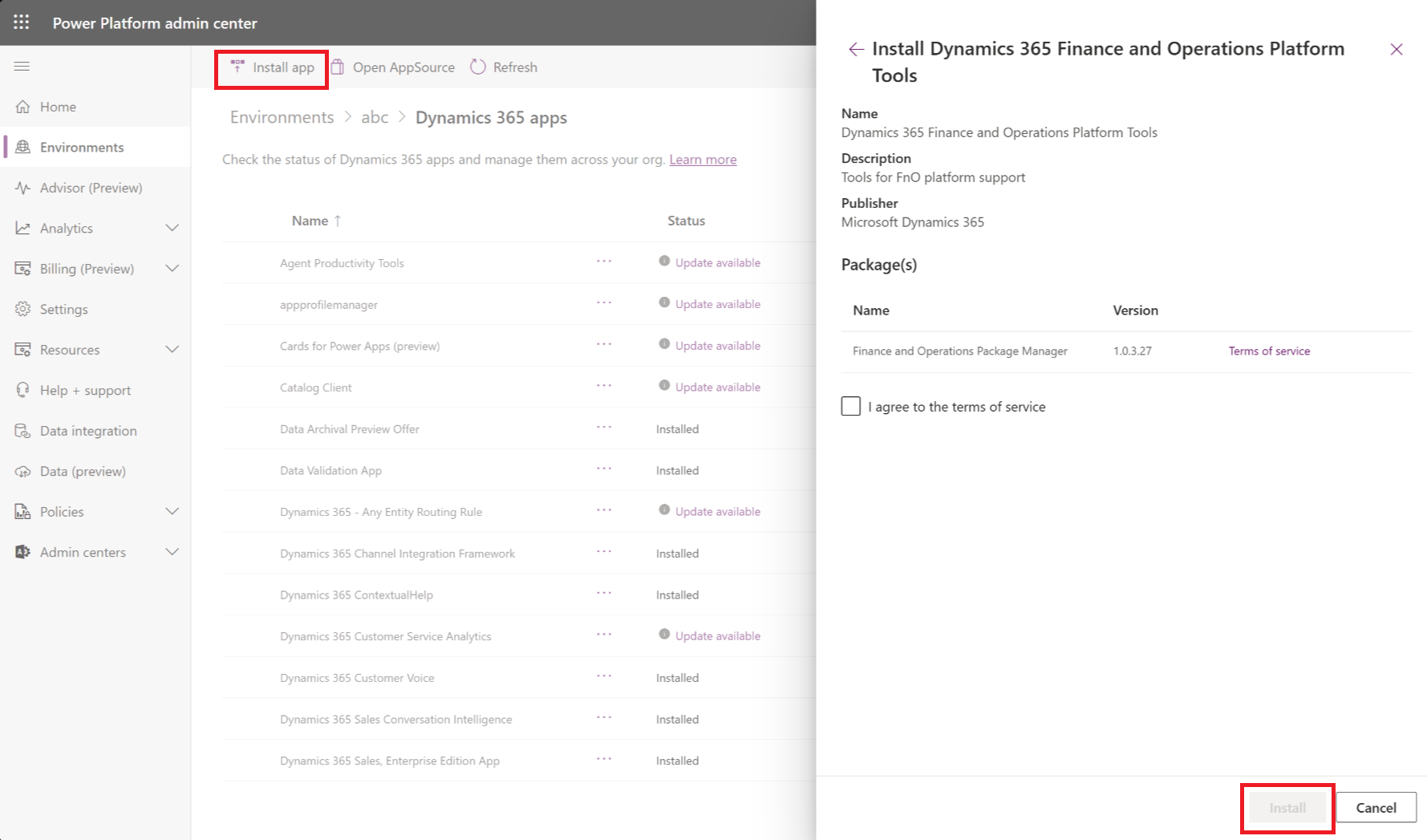 Install Dynamics 365 apps menu.