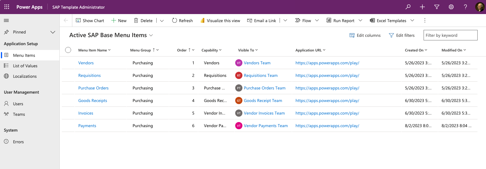 Manage menu options in Dataverse.