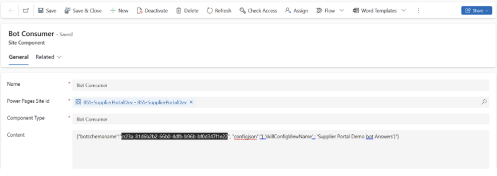 Screenshot of where to paste the Schema ID on the Bot Consumer page in Power Pages design studio.