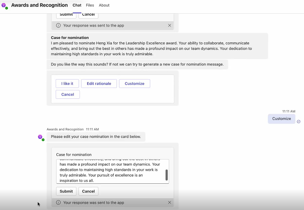 Awards and Recognition app's customize option working with copilot.