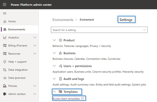 Select Access team templates.