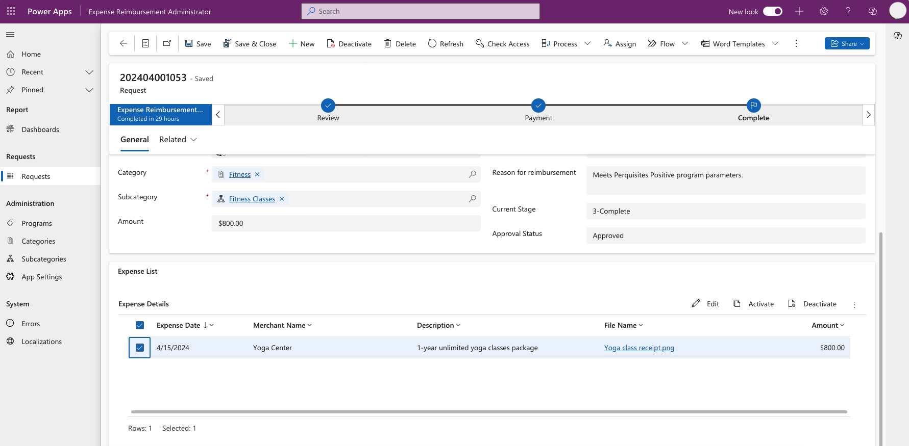 Screenshot of the Reimbursement Request Administrator app's request number detail screen. It shows the request number and expense details to a program manager.