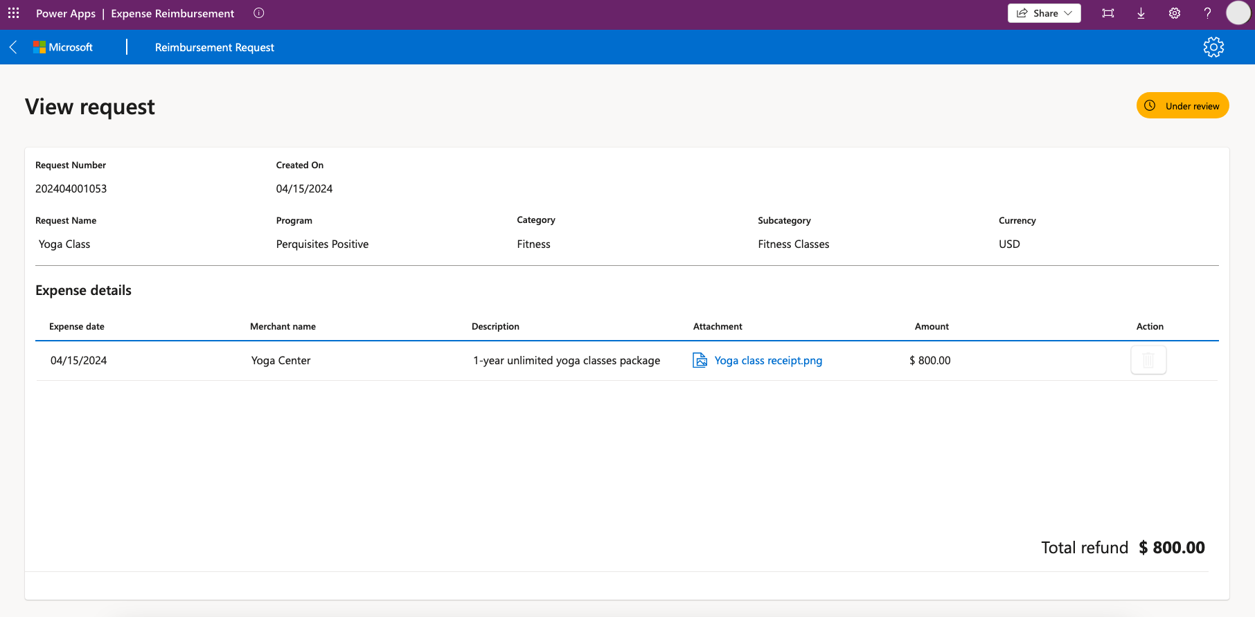 Screenshot of the Reimbursement Request app's View request screen. It shows the request number, request name, program name, category, subcategory, currency, created-on date and expense details.