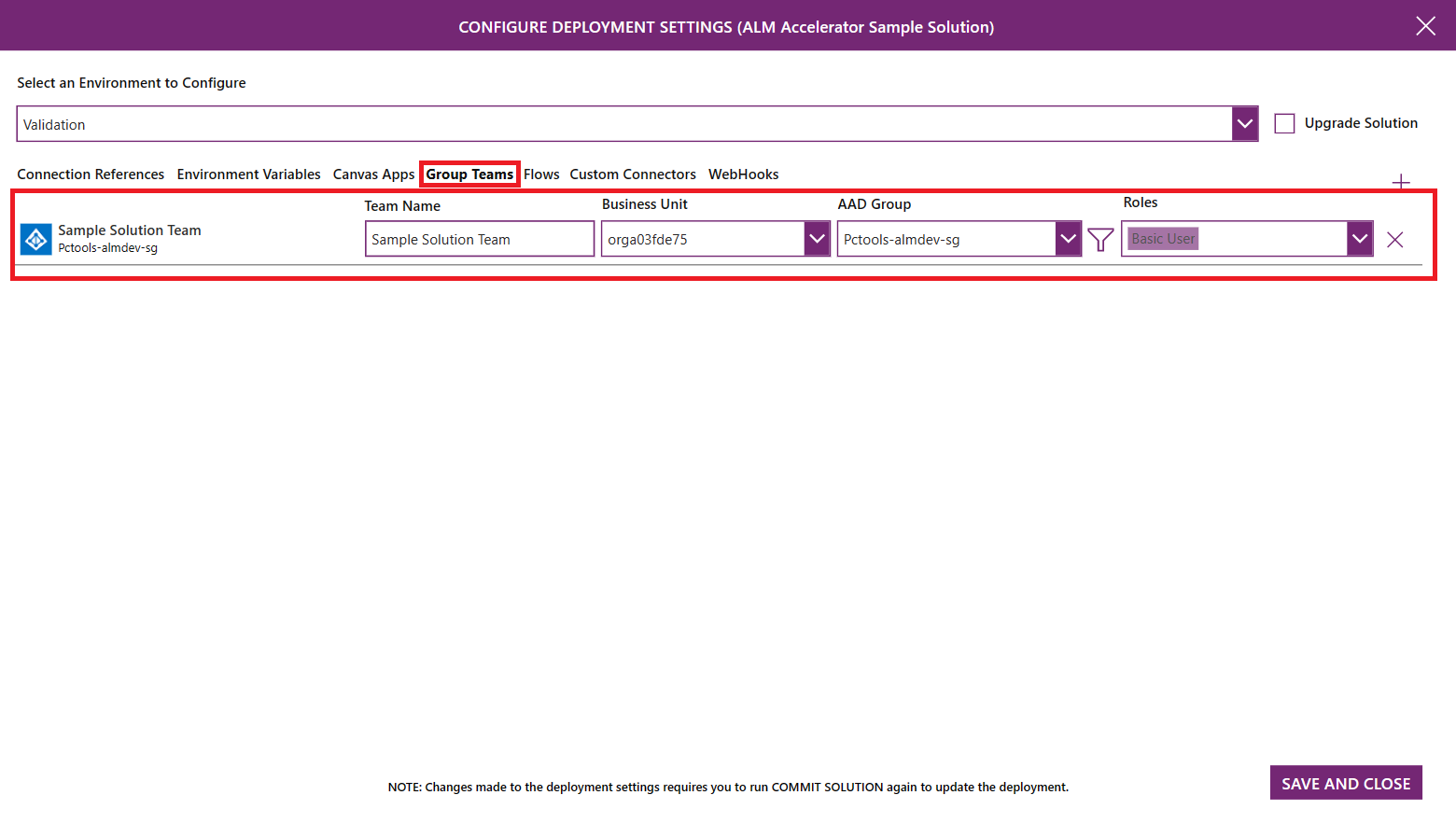 Screenshot of Group Teams configuration in the ALM Accelerator.