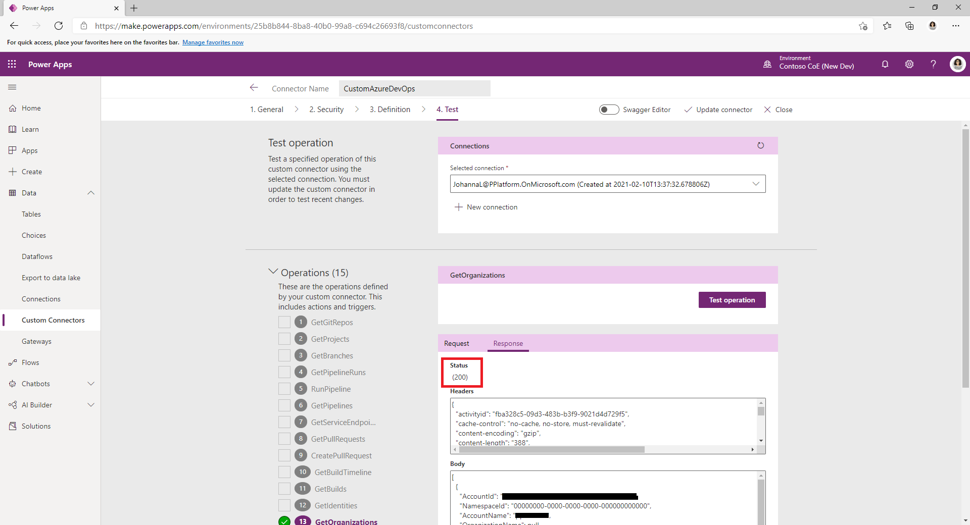 Screenshot of test security settings for a custom Azure DevOps connector.