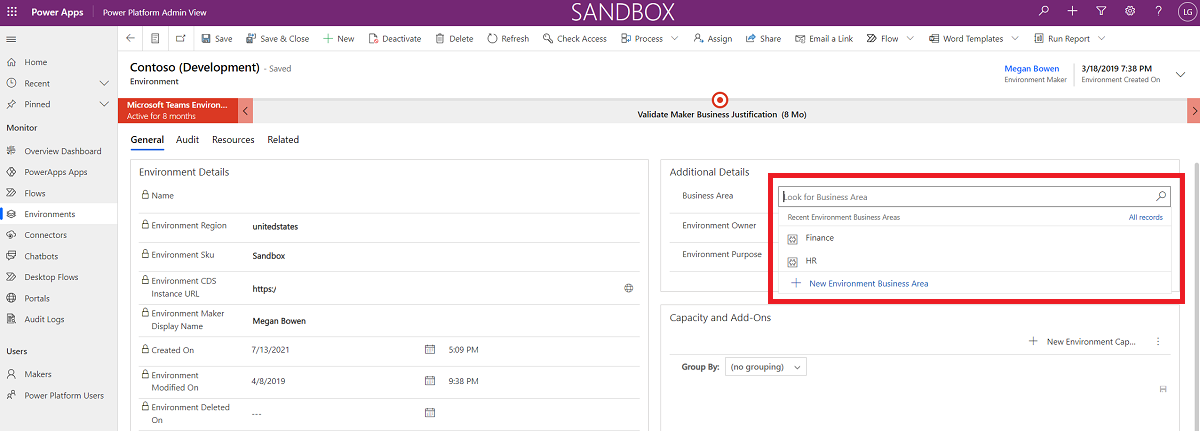 Configure an environment business area