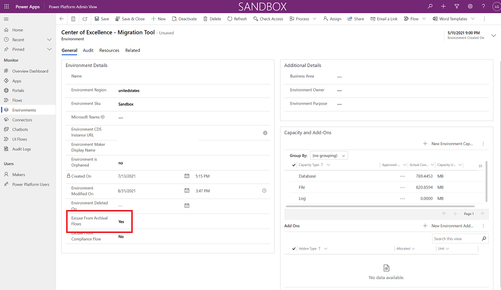 Exclude an environment from the inactivity notification process in a production environment.