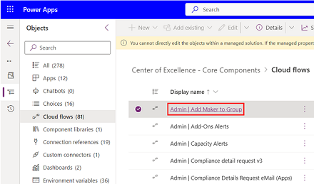 Screenshot showing selecting the flow